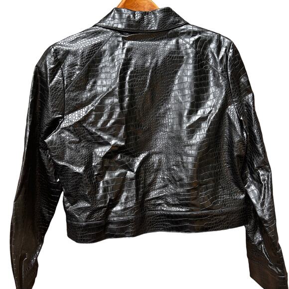 Calvin Klein Faux Leather Trucker Jacket 12 Black NWT Croc Coat Button Crop - Picture 5 of 9